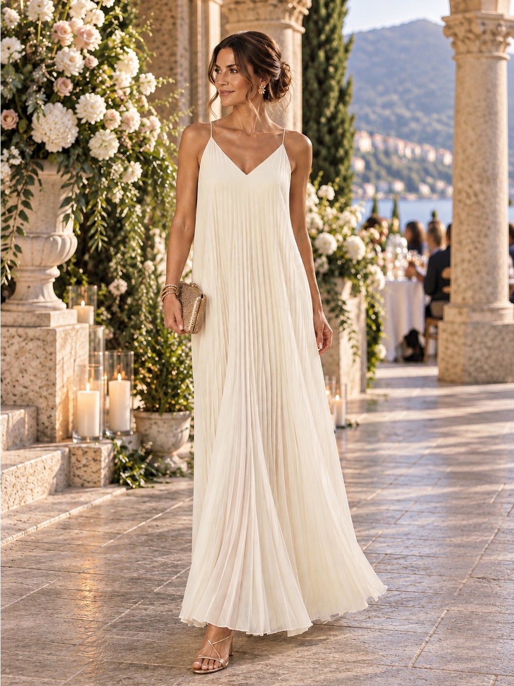 Victoria's Secret Women's Cream Pleated Vneck Spaghetti-Strap Maxi Dress L Short